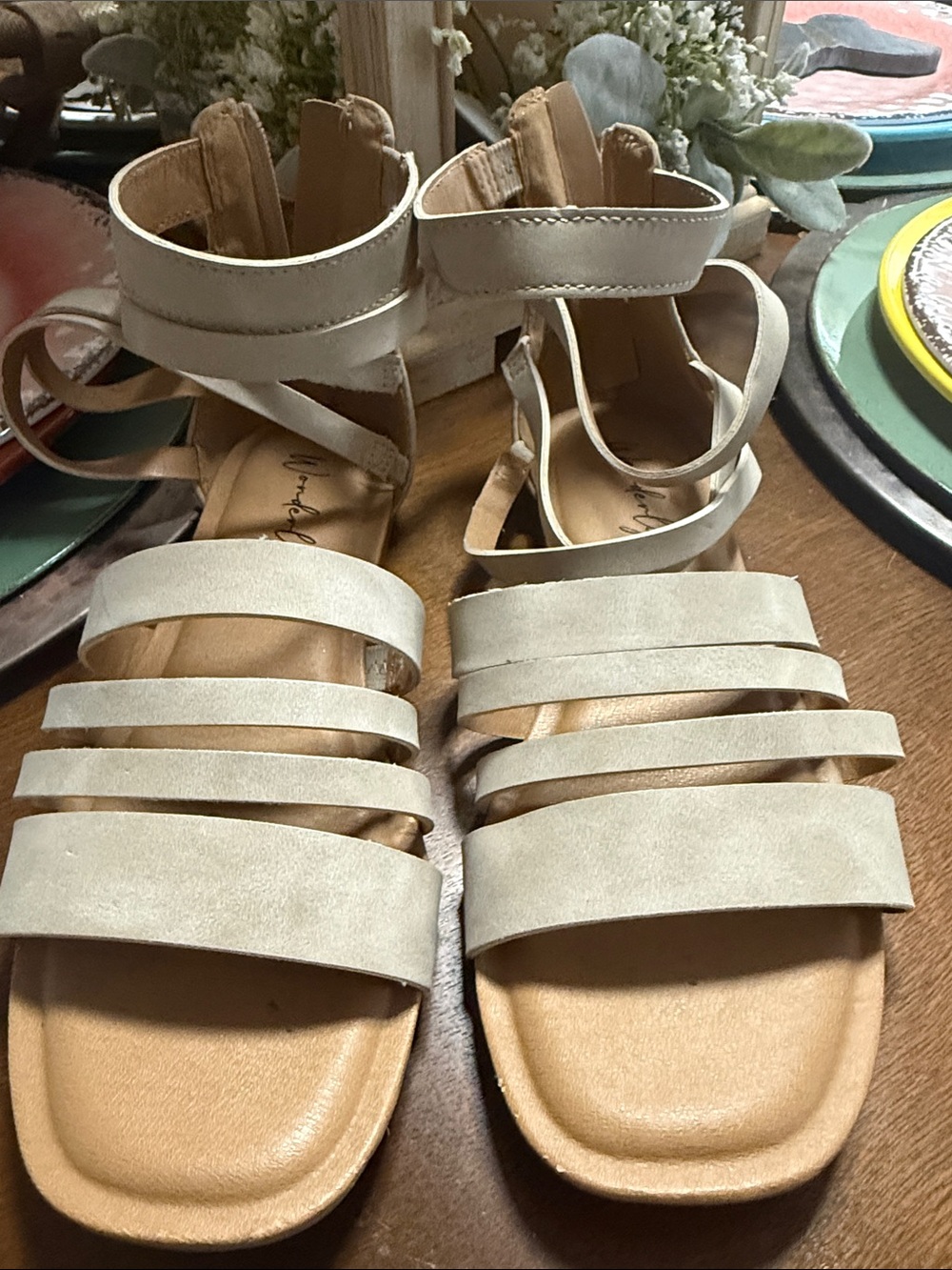 Wonderly Cream Strappy Ankle Wrap Sandals